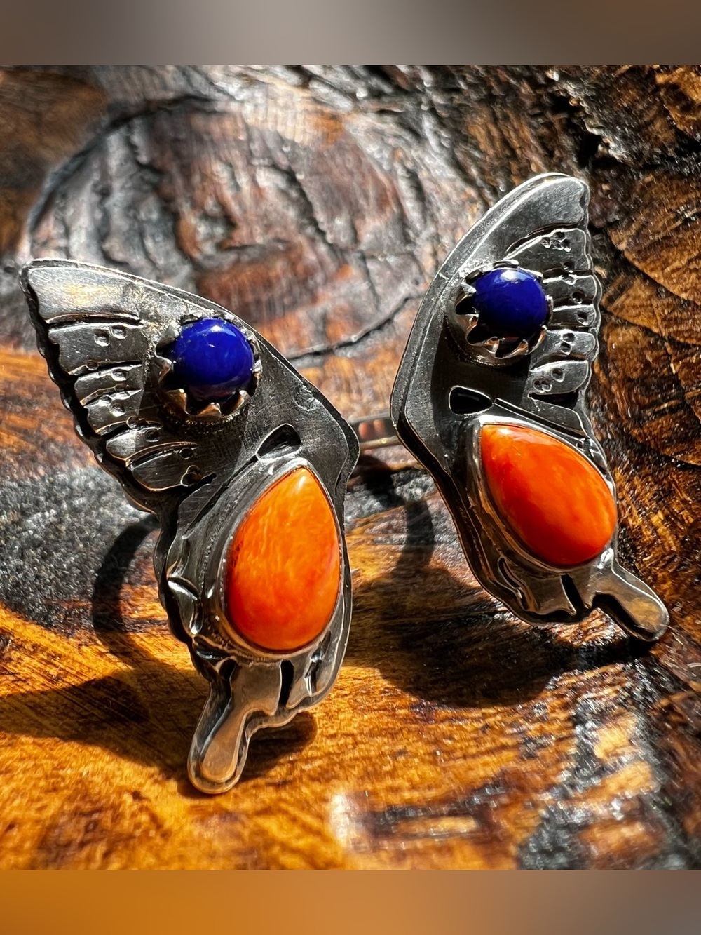 Sterling Silver Spiny Oyster Lapis Butterfly Bypass Ring Size 9.5